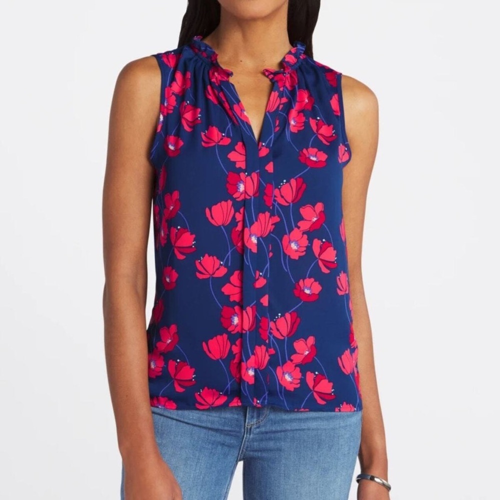 41 Hawthorn Orlee Mixed Material Sleeveless Ruffle Neck Top Size XSP - Navy NWT